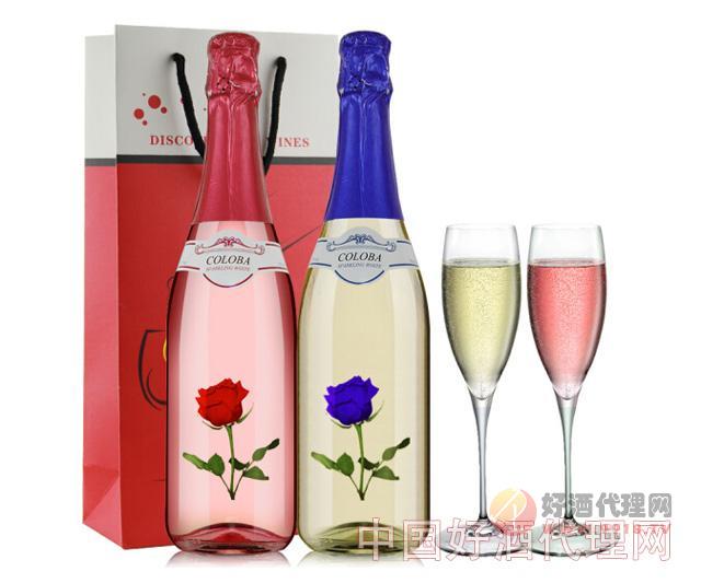 【七夕礼物】送2个香槟杯-西班牙原瓶进口红酒科洛巴红玫瑰桃红+蓝玫瑰白起泡葡萄酒双支装-750ml×2