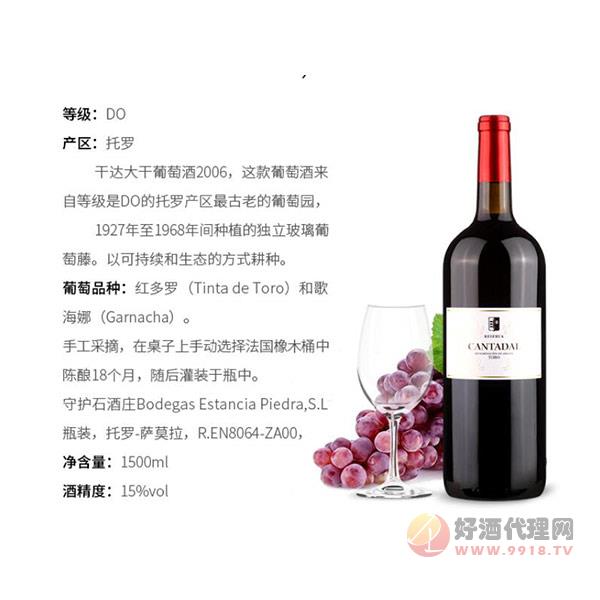 西班牙原瓶原装进口DO级干达大干红葡萄酒-1500ml